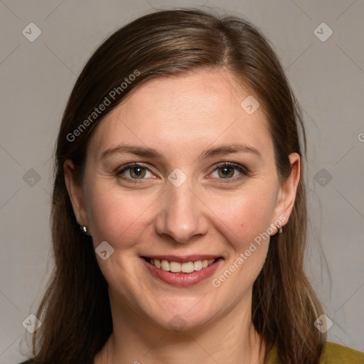 Joyful white young-adult female with long  brown hair and grey eyes