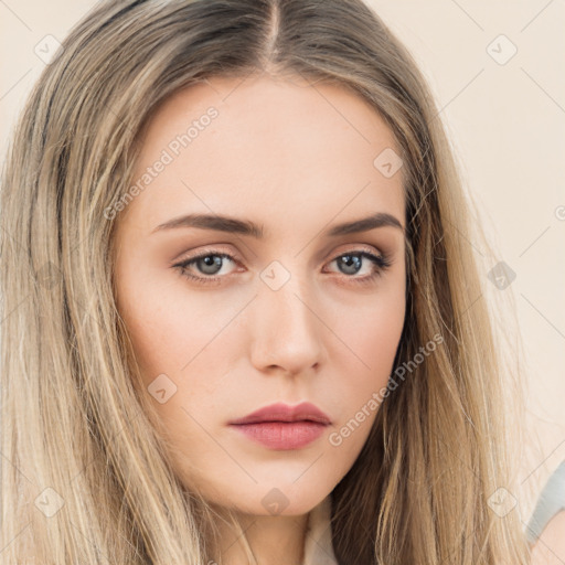 Neutral white young-adult female with long  brown hair and brown eyes