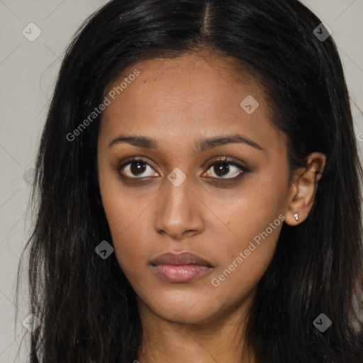 Neutral asian young-adult female with long  brown hair and brown eyes