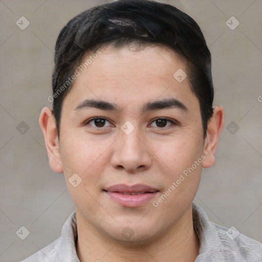 Joyful asian young-adult male with short  black hair and brown eyes