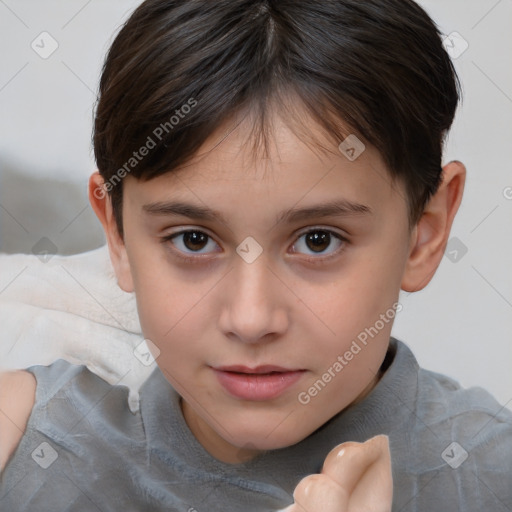 Joyful white child female with short  brown hair and brown eyes