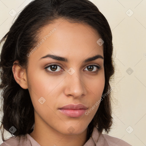 Neutral white young-adult female with long  brown hair and brown eyes