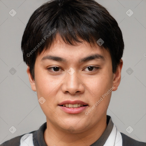 Joyful asian young-adult male with short  brown hair and brown eyes