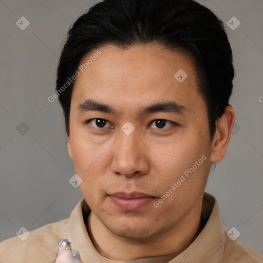 Neutral asian young-adult male with short  black hair and brown eyes