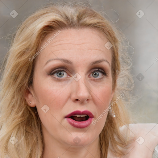 Joyful white adult female with medium  brown hair and blue eyes