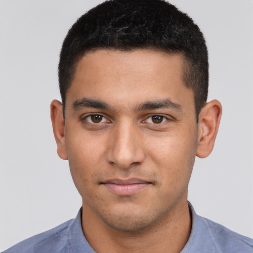Neutral latino young-adult male with short  brown hair and brown eyes