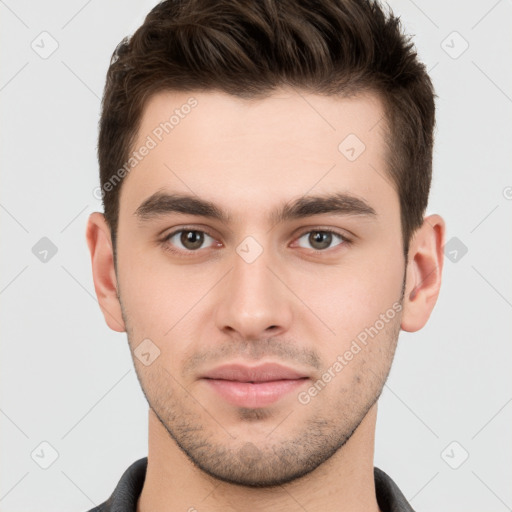 Neutral white young-adult male with short  brown hair and brown eyes