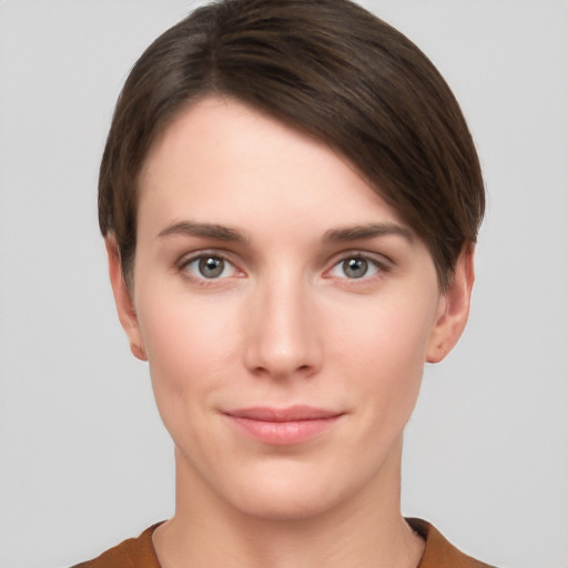 Neutral white young-adult female with short  brown hair and brown eyes