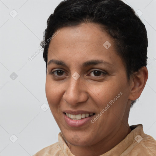 Joyful latino young-adult female with short  brown hair and brown eyes