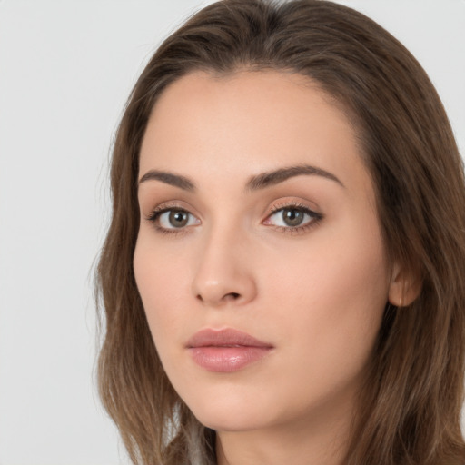 Neutral white young-adult female with long  brown hair and brown eyes