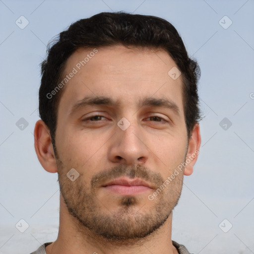 Neutral white adult male with short  brown hair and brown eyes