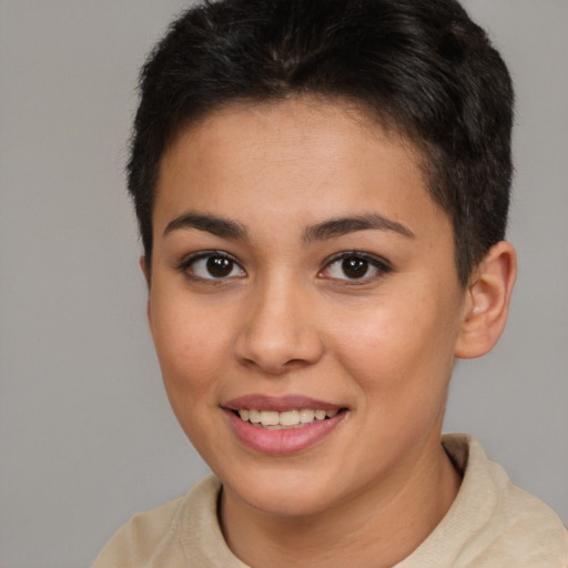 Joyful white young-adult female with short  brown hair and brown eyes