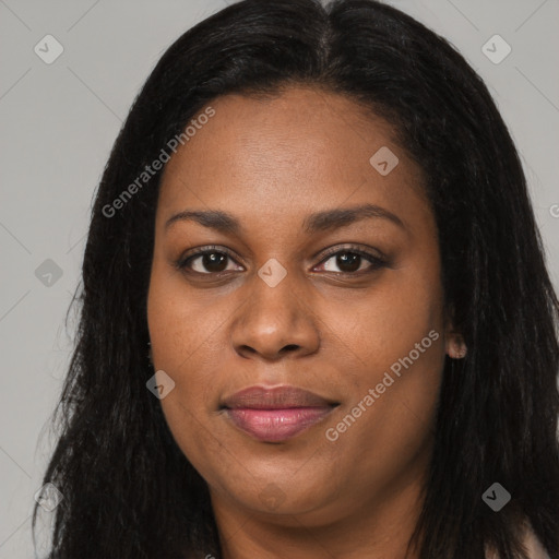 Joyful asian young-adult female with long  black hair and brown eyes
