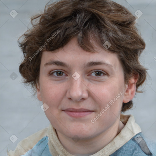 Joyful white young-adult female with medium  brown hair and blue eyes