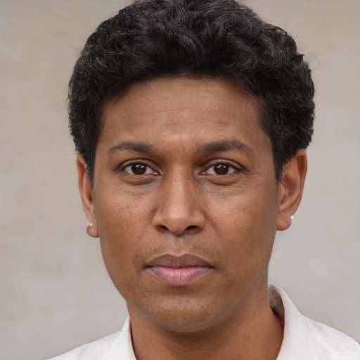 Neutral latino adult male with short  black hair and brown eyes