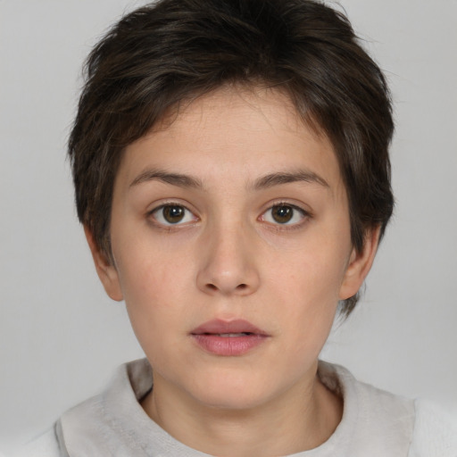 Neutral white young-adult female with short  brown hair and brown eyes