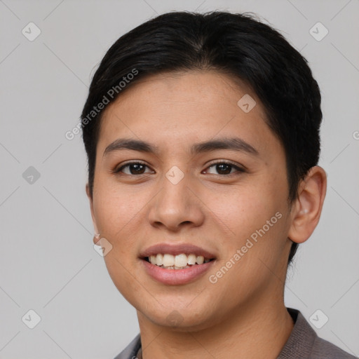 Joyful asian young-adult female with short  brown hair and brown eyes