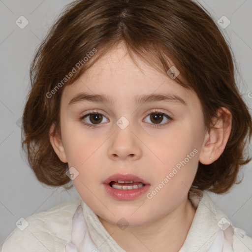 Joyful white child female with medium  brown hair and brown eyes