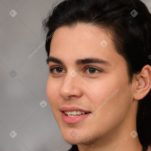 Joyful white young-adult male with medium  brown hair and brown eyes