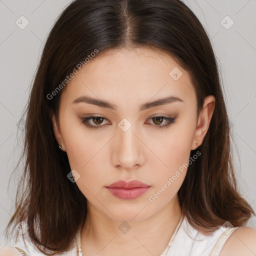 Neutral white young-adult female with medium  brown hair and brown eyes