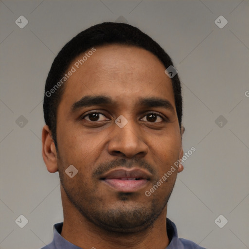 Neutral black young-adult male with short  black hair and brown eyes