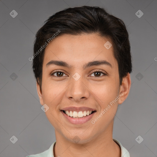 Joyful white young-adult female with short  brown hair and brown eyes