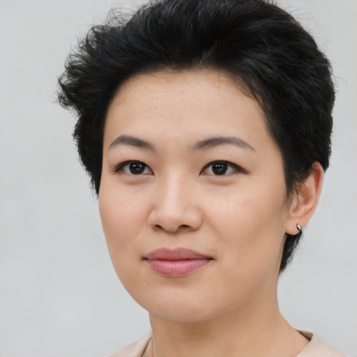 Joyful asian young-adult female with short  brown hair and brown eyes