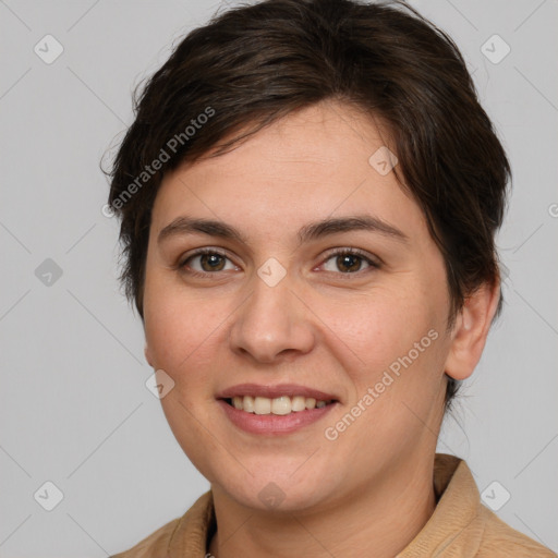 Joyful white young-adult female with medium  brown hair and brown eyes