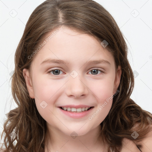 Joyful white child female with medium  brown hair and brown eyes