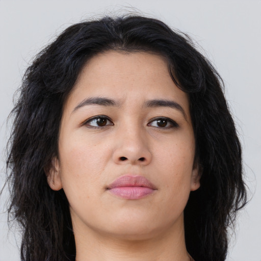 Neutral asian young-adult female with long  brown hair and brown eyes