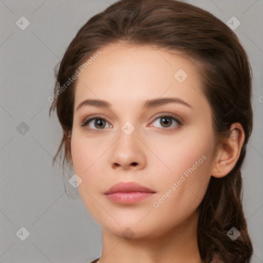 Neutral white young-adult female with medium  brown hair and brown eyes