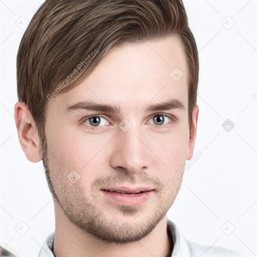 Neutral white young-adult male with short  brown hair and grey eyes