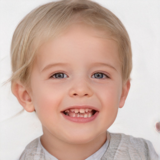 Joyful white child female with short  brown hair and blue eyes