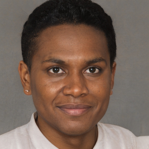 Joyful black young-adult male with short  brown hair and brown eyes