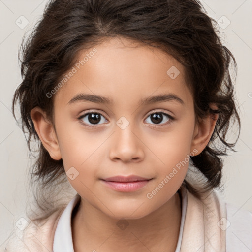 Joyful white child female with medium  brown hair and brown eyes