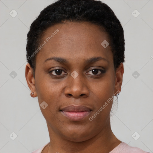 Neutral black young-adult female with short  black hair and brown eyes