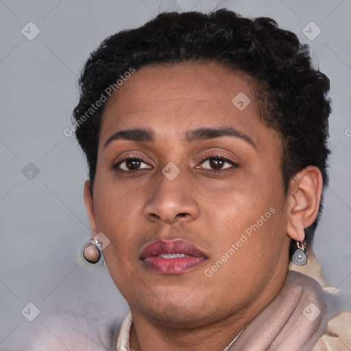 Neutral black young-adult female with short  brown hair and brown eyes