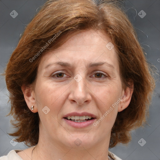 Joyful white adult female with medium  brown hair and brown eyes