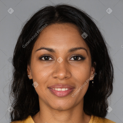 Joyful black young-adult female with medium  brown hair and brown eyes