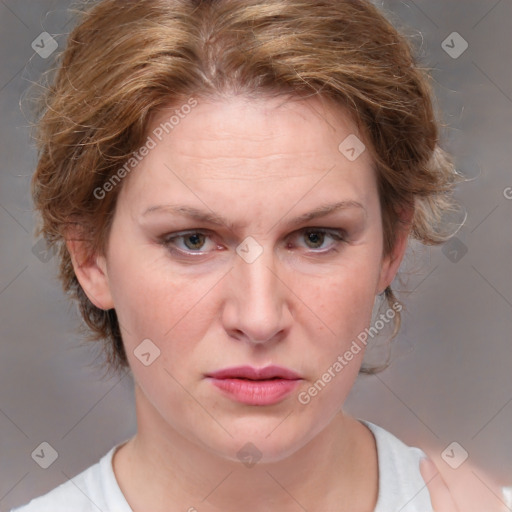 Neutral white adult female with medium  brown hair and blue eyes