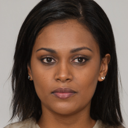 Neutral asian young-adult female with long  brown hair and brown eyes
