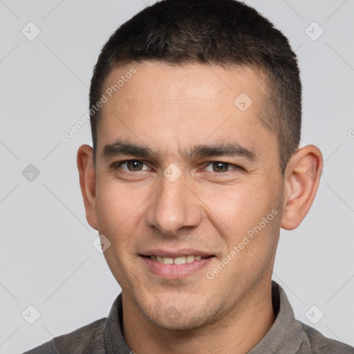 Joyful white young-adult male with short  brown hair and brown eyes