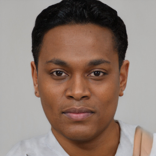 Neutral black young-adult male with short  black hair and brown eyes