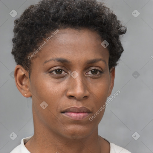 Neutral black young-adult female with short  brown hair and brown eyes