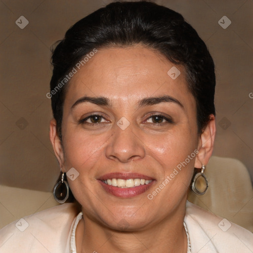 Joyful white adult female with short  brown hair and brown eyes