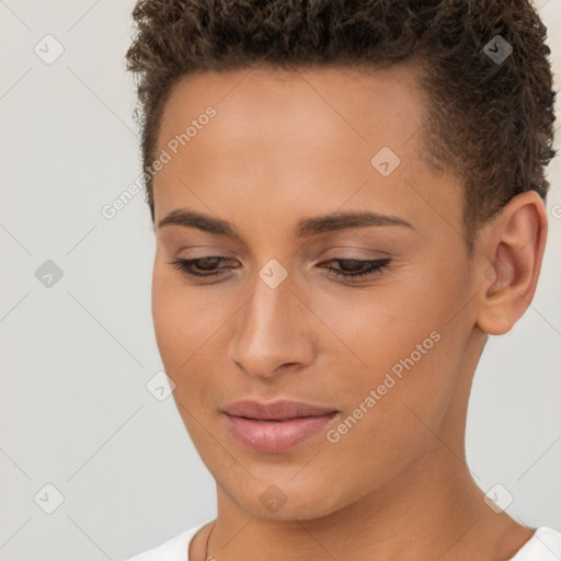 Joyful white young-adult female with short  brown hair and brown eyes