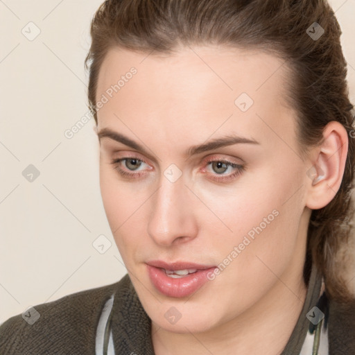 Neutral white young-adult female with medium  brown hair and grey eyes