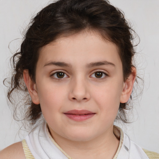 Joyful white child female with medium  brown hair and brown eyes