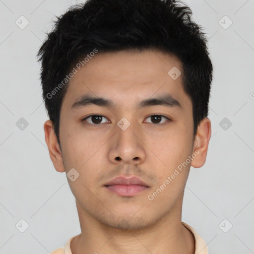 Neutral asian young-adult male with short  brown hair and brown eyes