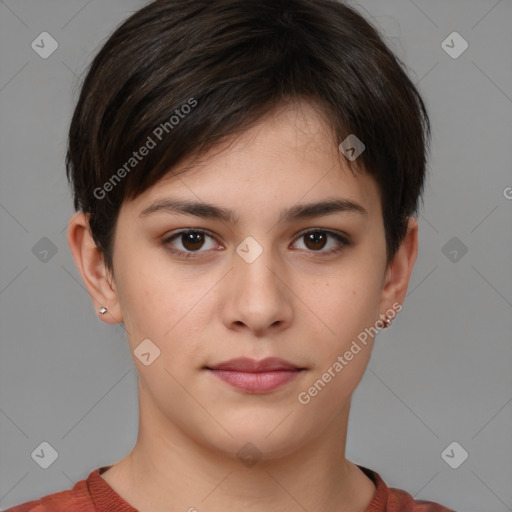 Neutral white young-adult female with short  brown hair and brown eyes